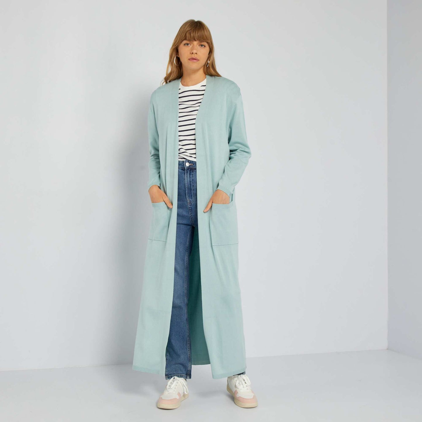 Gilet ouvert long en viscose fluide Bleu vert