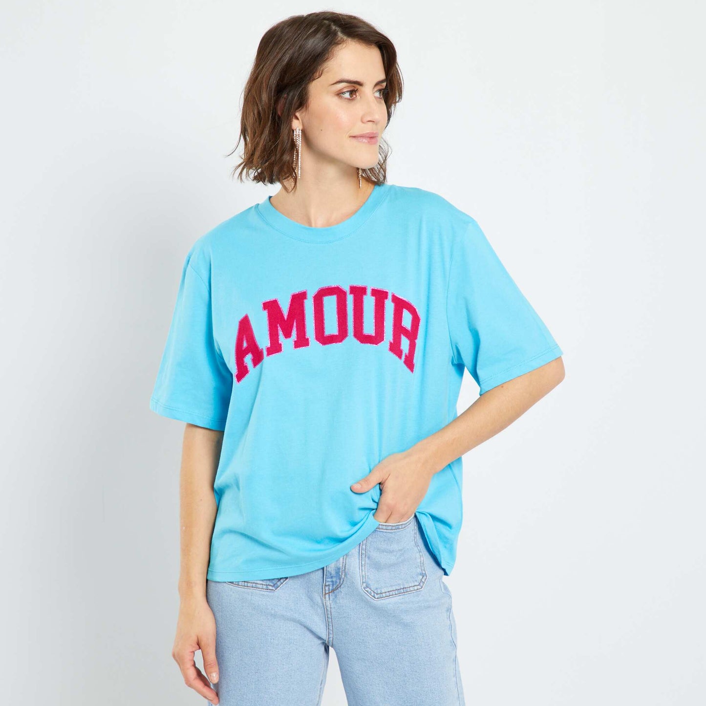 T-shirt 'Amour' col rond bleu cyan