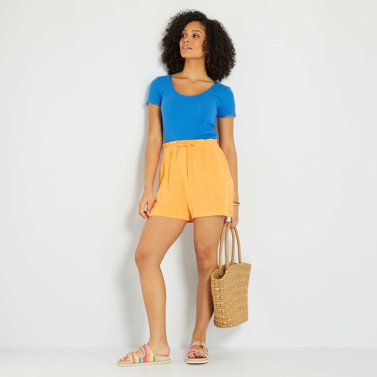 T-shirt en maille c tel e avec broderie Bleu