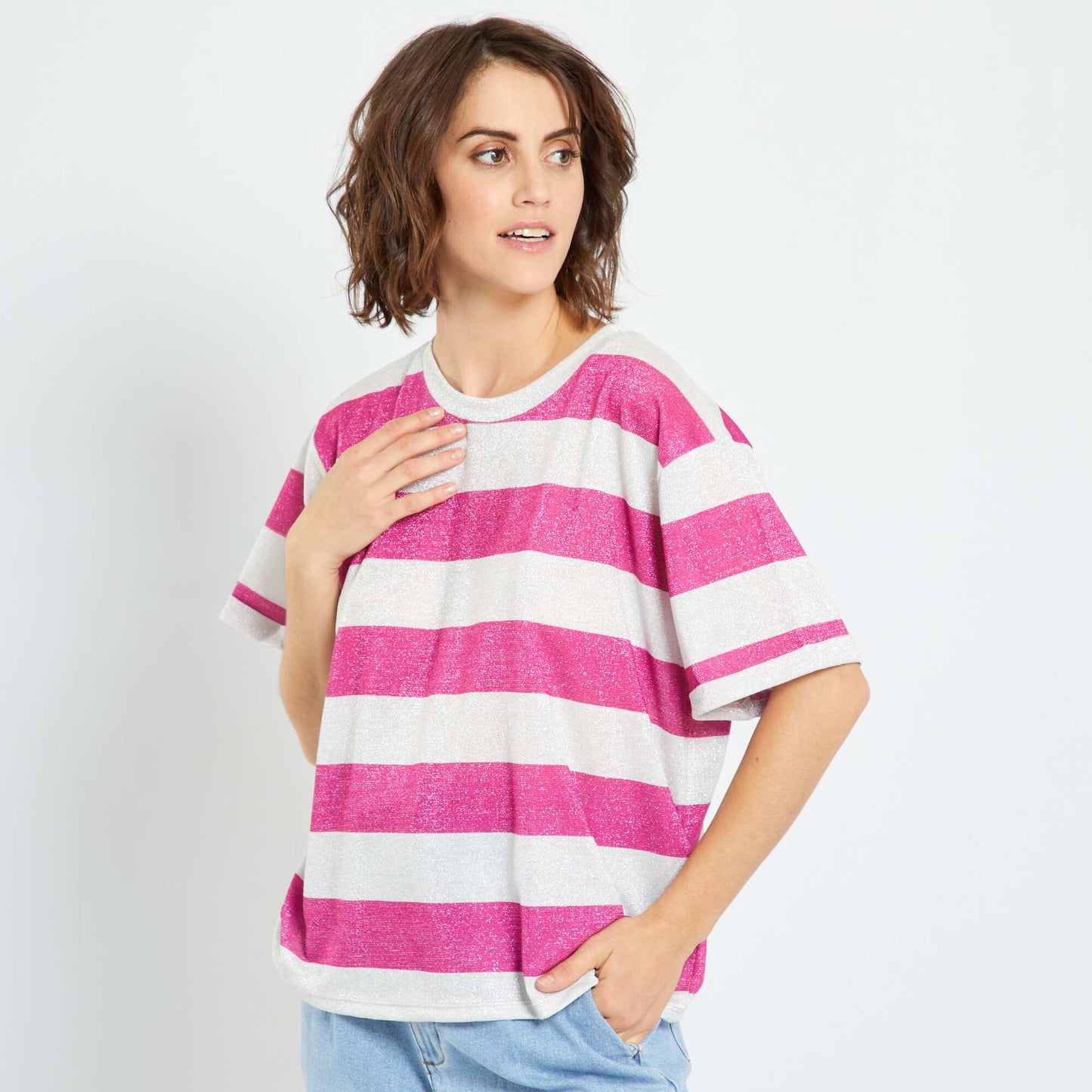 Tee-shirt larges rayures paillet es Rose/gris