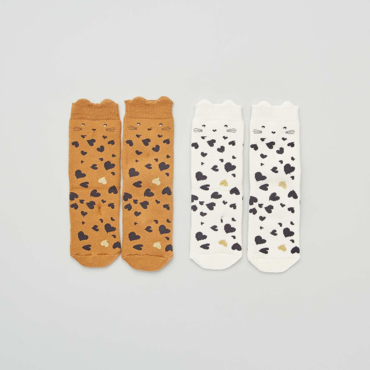 Lot de 2 paires de chaussettes 'coeurs' et 'chat' Marron/blanc