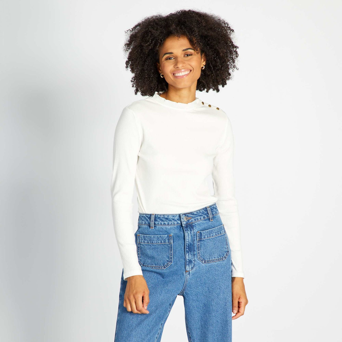 T-shirt manches longues en maille c tel e Blanc