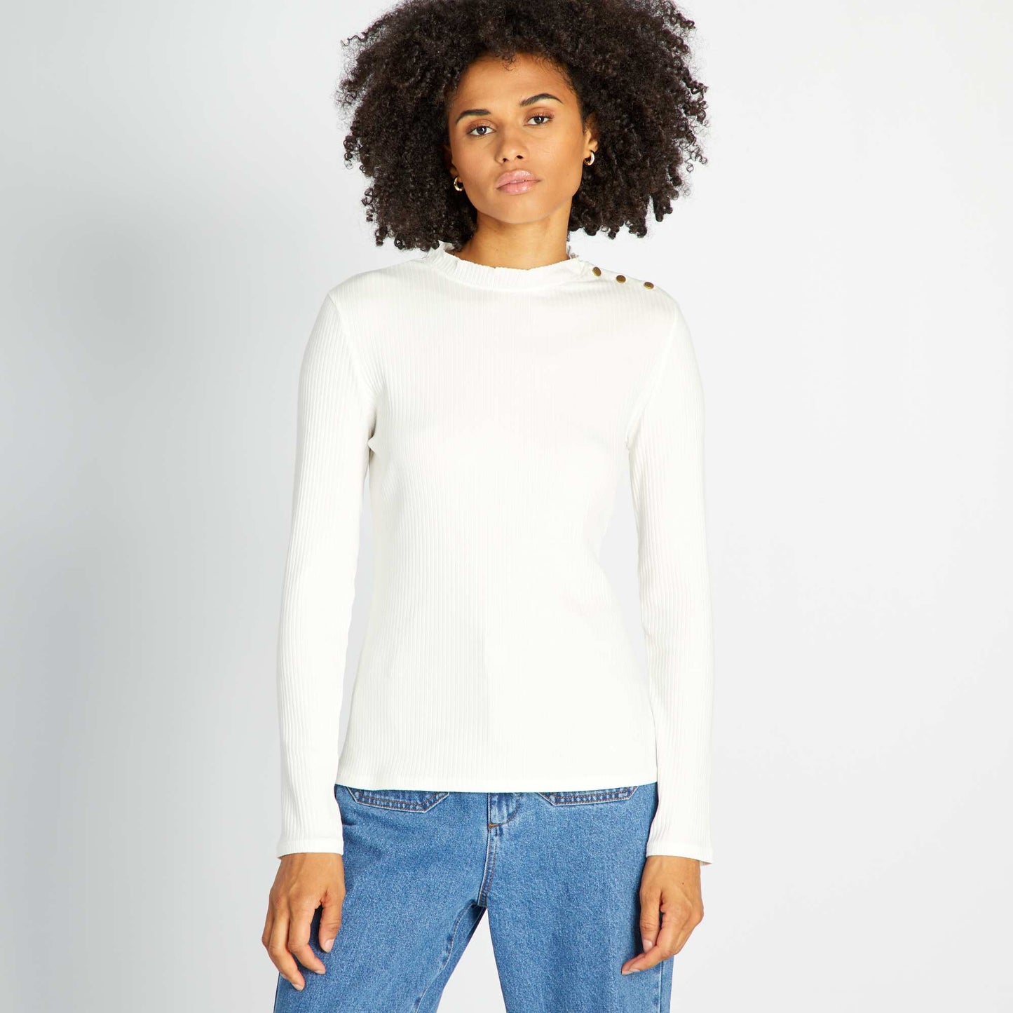 T-shirt manches longues en maille c tel e Blanc