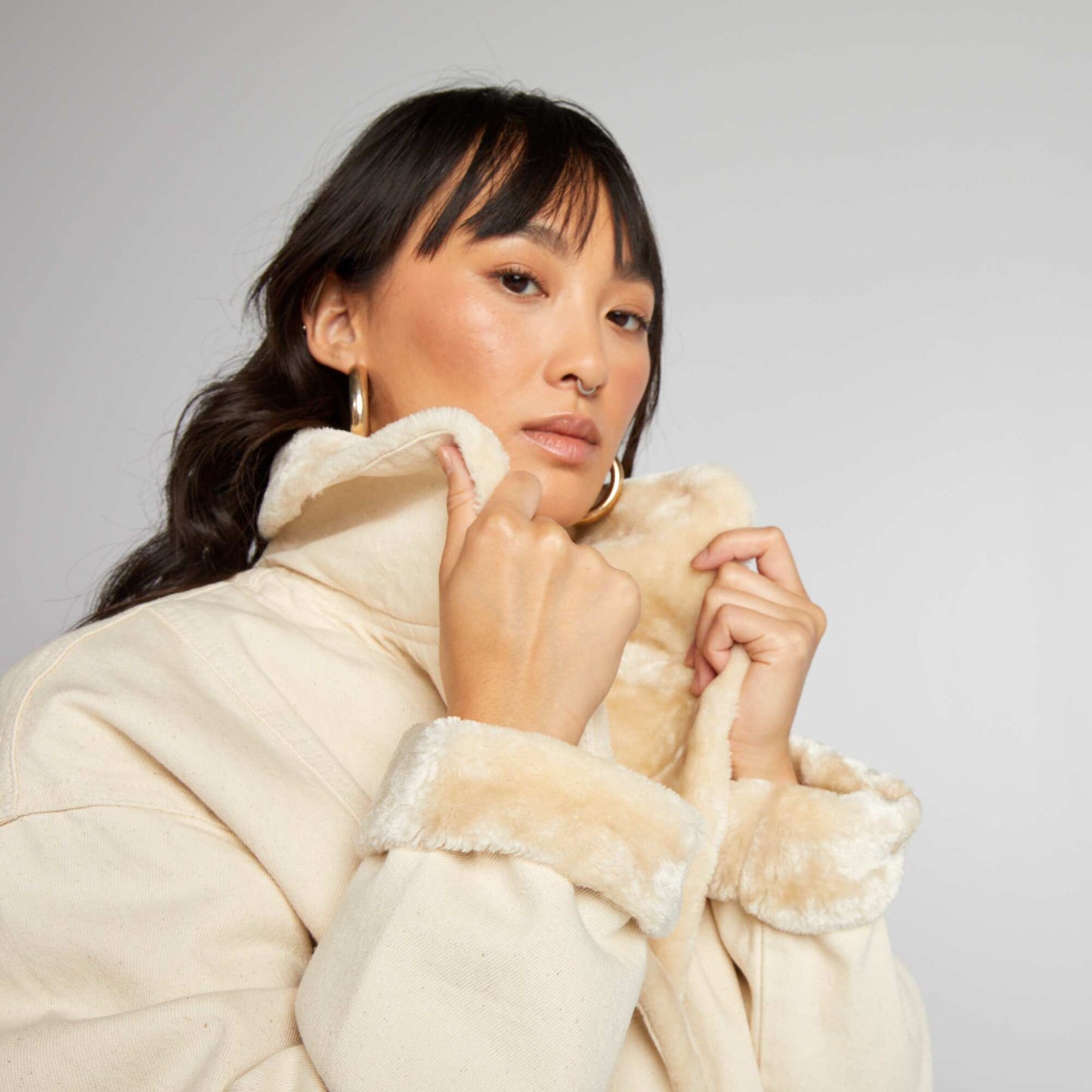 Veste en denim col en sherpa Beige