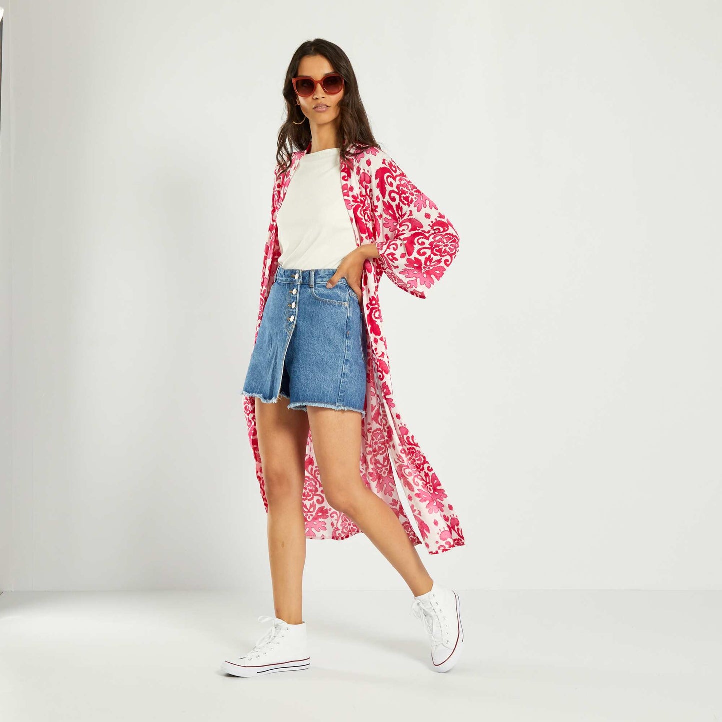 Kimono long avec imprim fleuri Rose