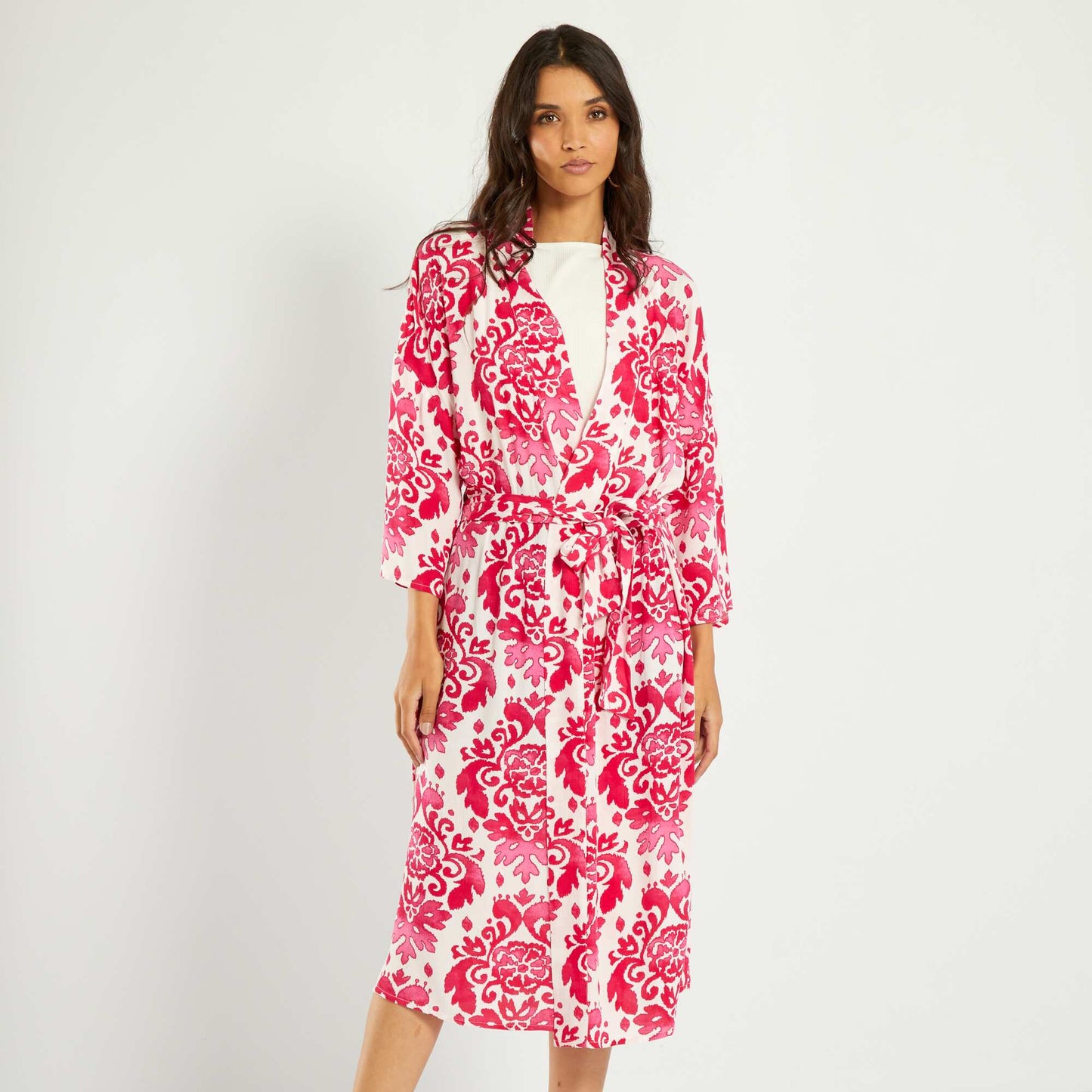 Kimono long avec imprim fleuri Rose