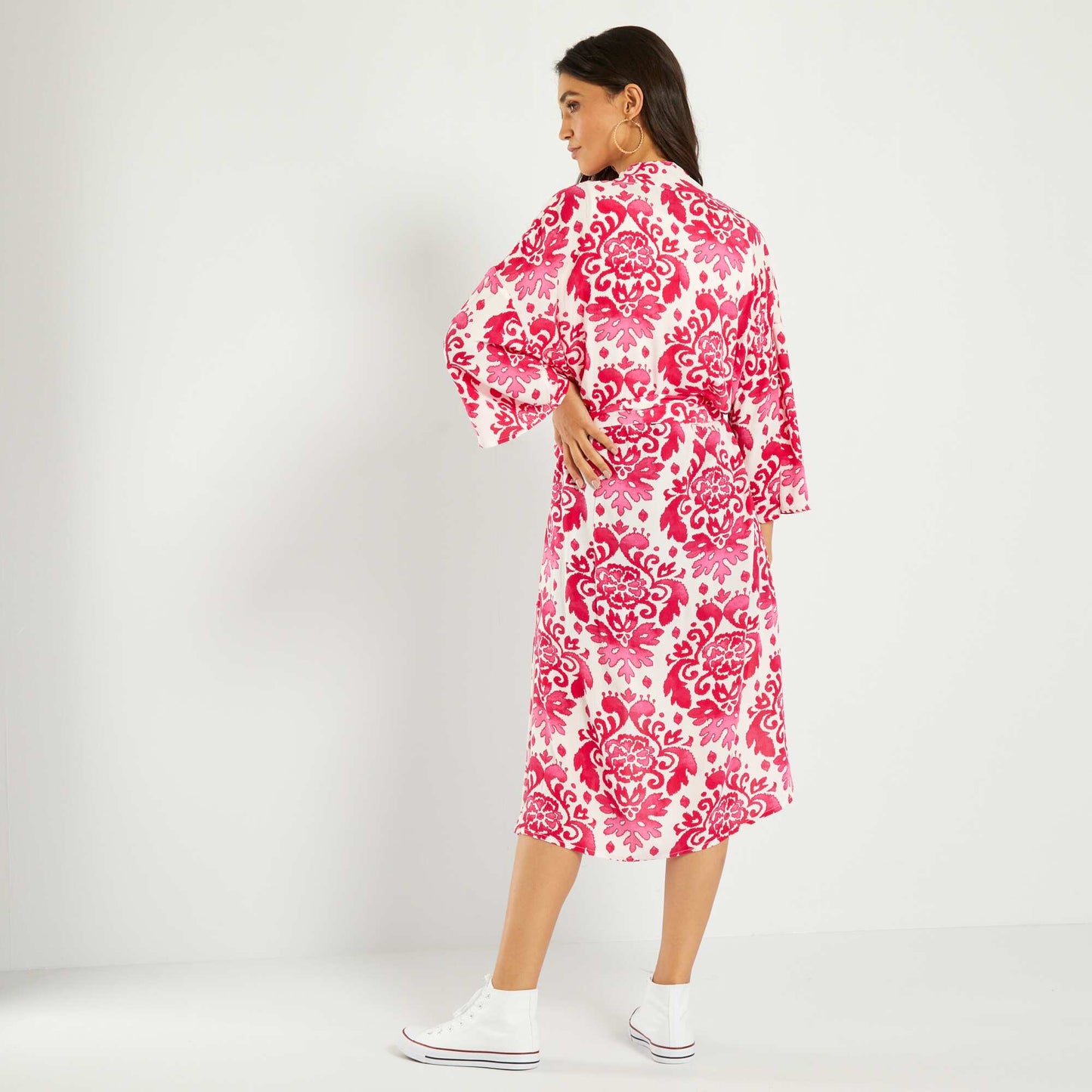 Kimono long avec imprim fleuri Rose