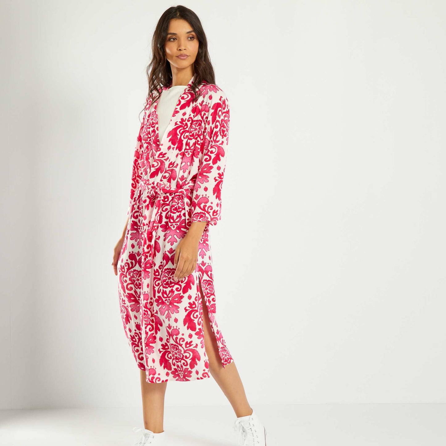 Kimono long avec imprim fleuri Rose