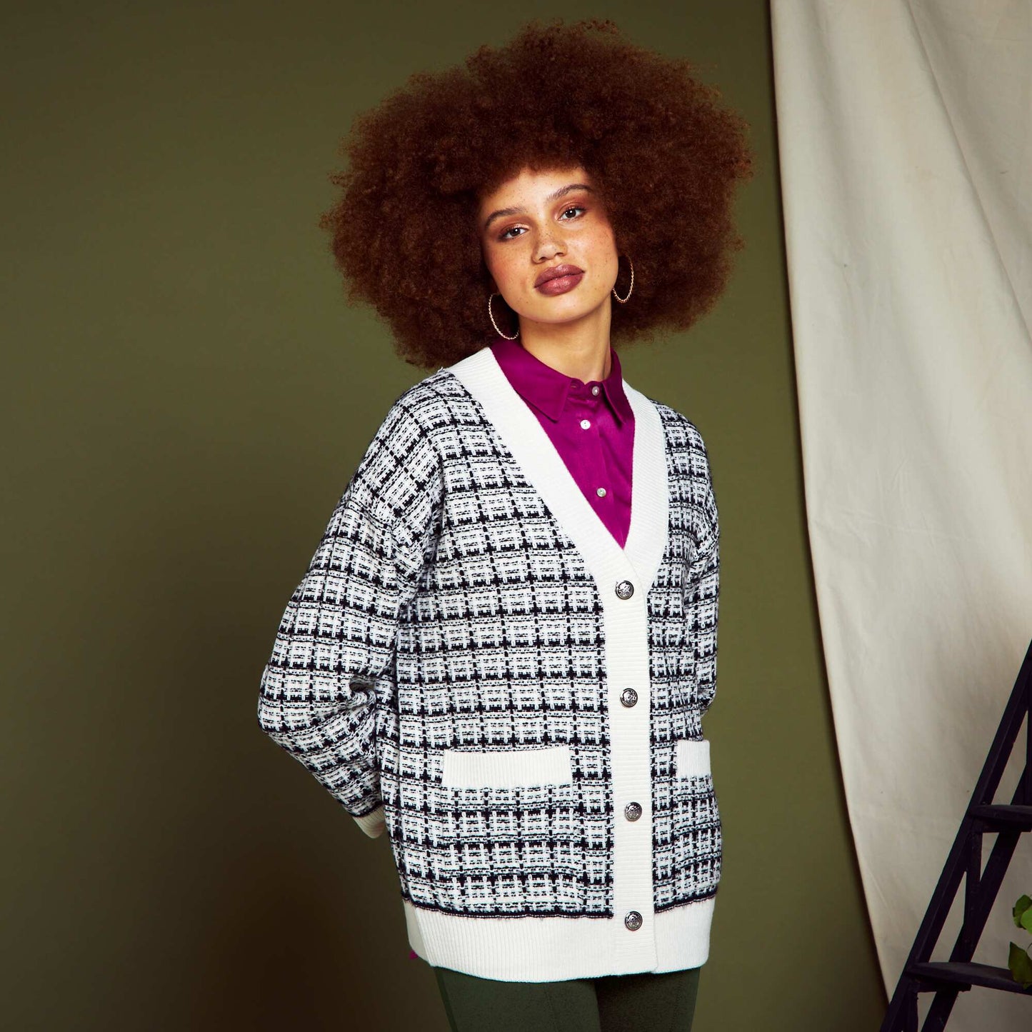 Gilet large col V Blanc/noir
