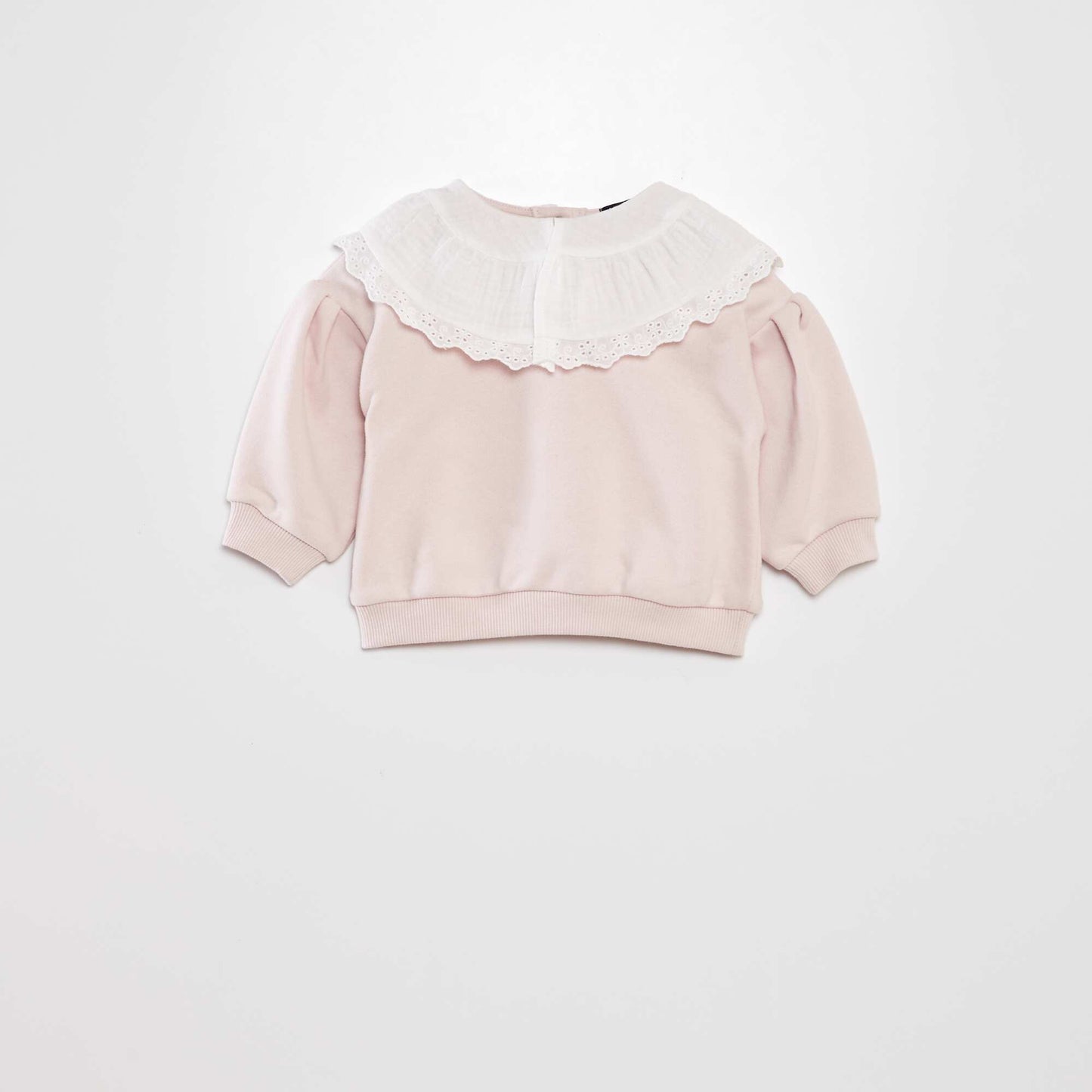 Sweat avec large col en gaze de coton + broderies Rose