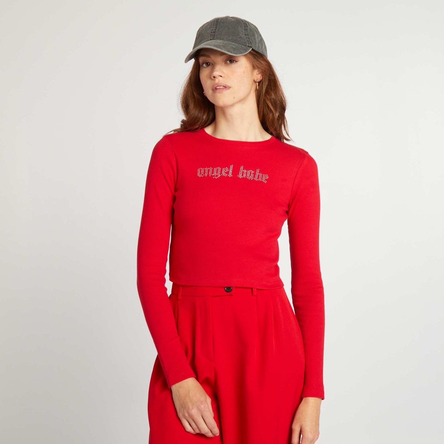 Tee-shirt crop top message strass rouge
