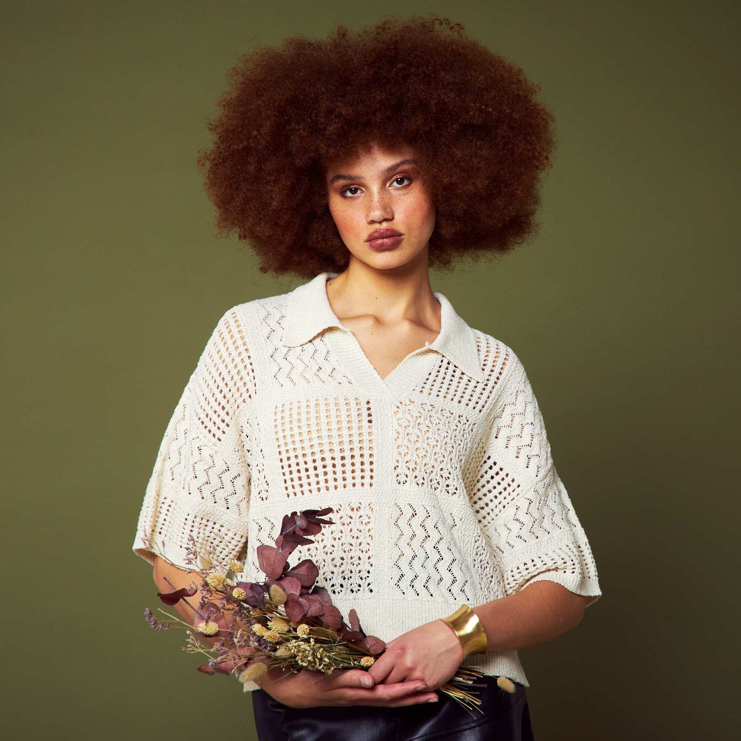 Pull col polo en maille crochet Beige