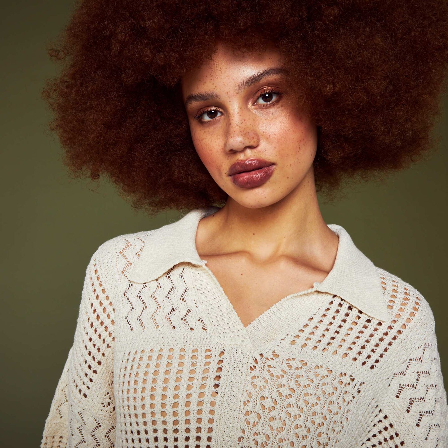 Pull col polo en maille crochet Beige