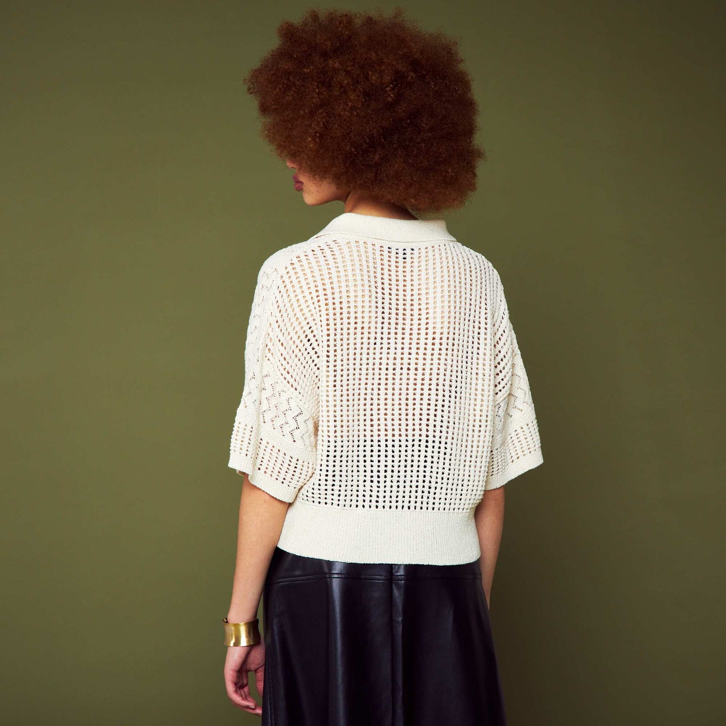 Pull col polo en maille crochet Beige