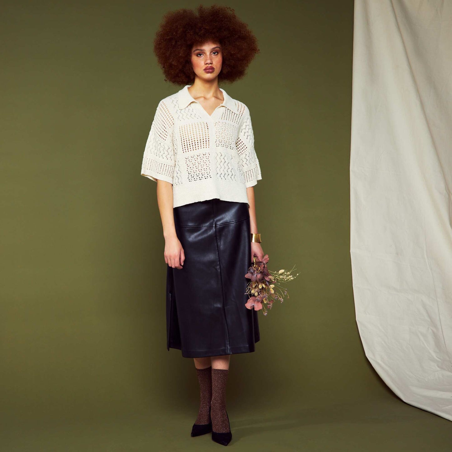 Pull col polo en maille crochet Beige