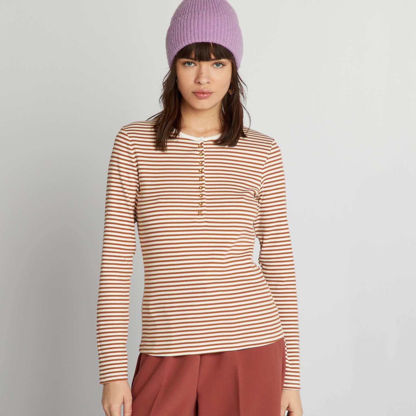 T-shirt rayures avec col boutonn Marron/blanc