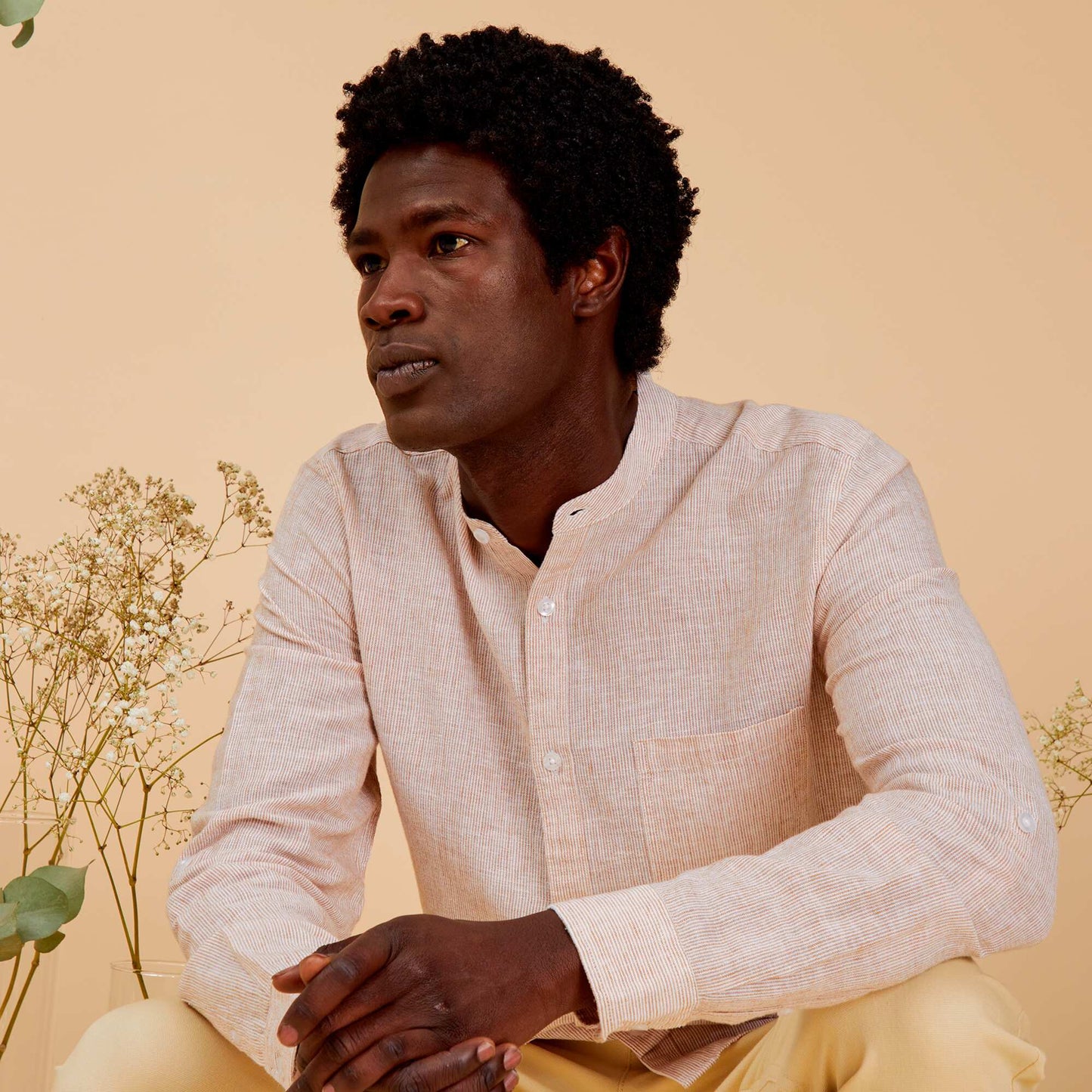 Chemise col mao Rayures camel