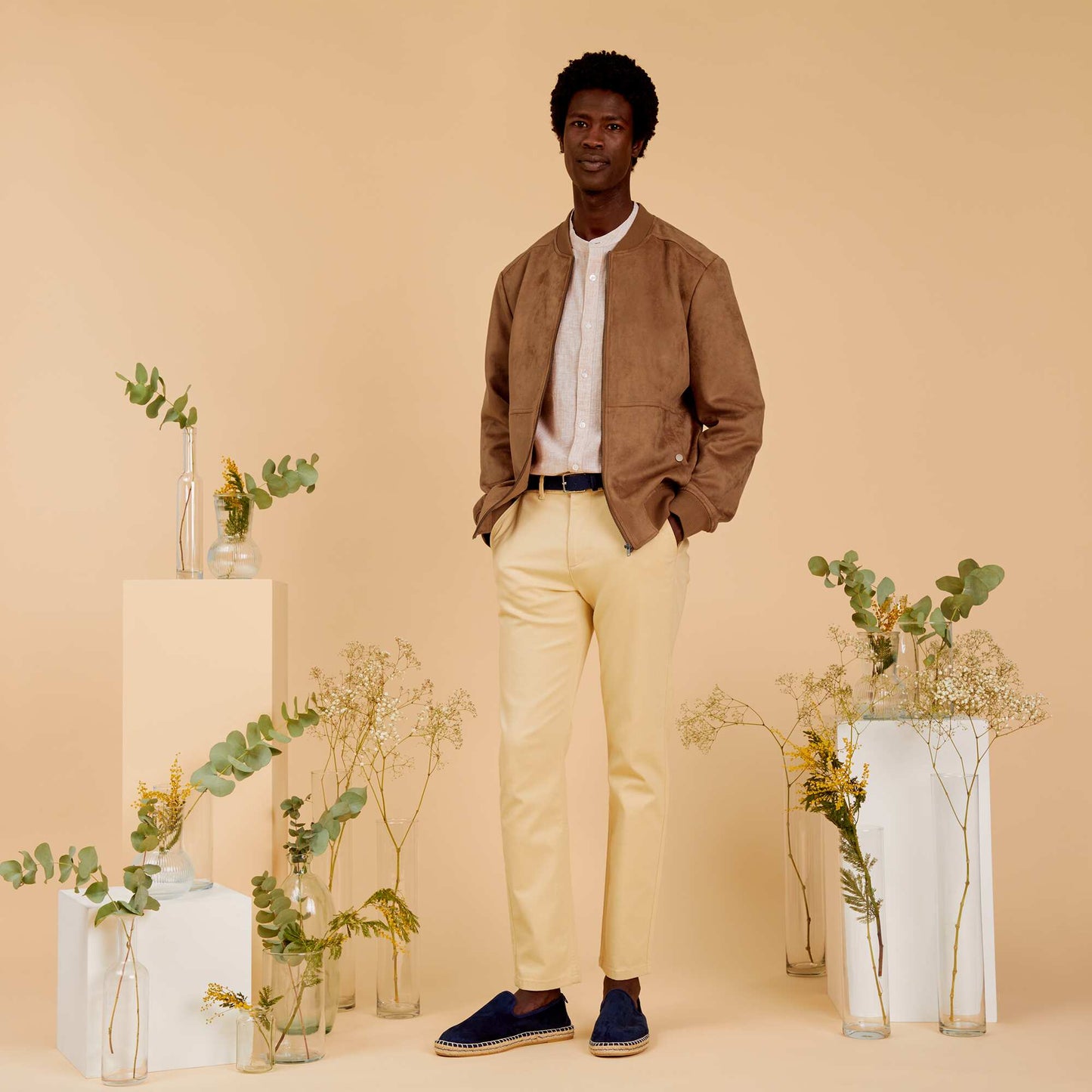Chemise col mao Rayures camel