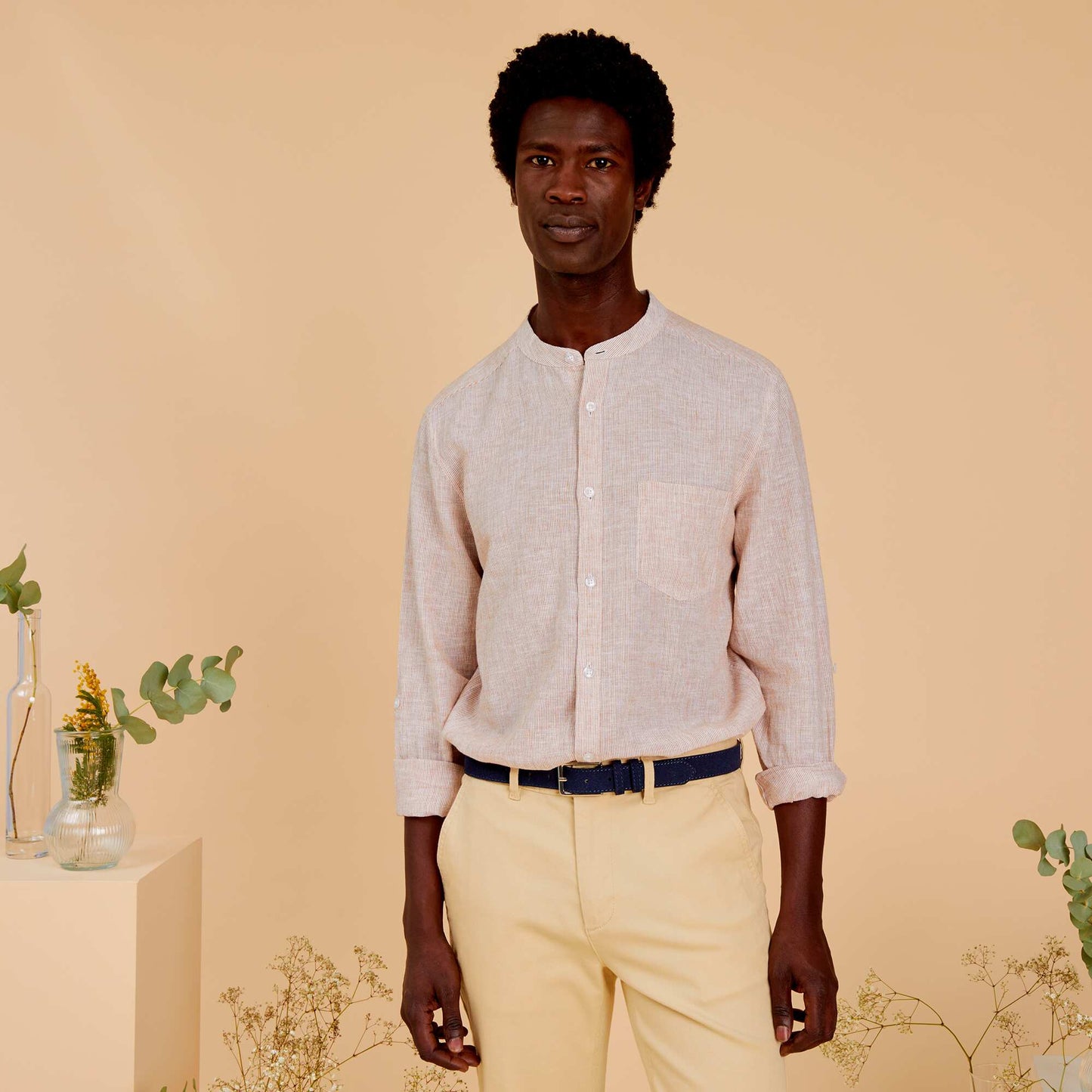 Chemise col mao Rayures camel