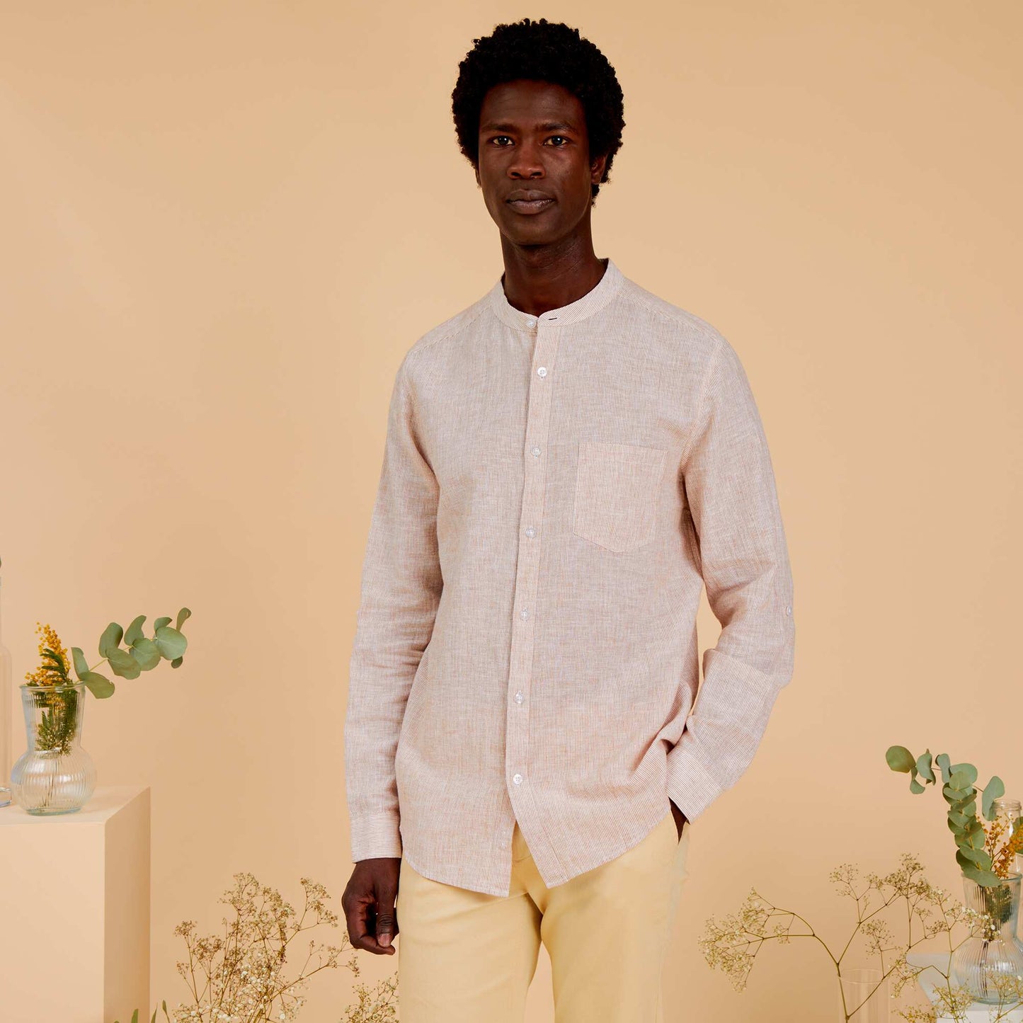 Chemise col mao Rayures camel