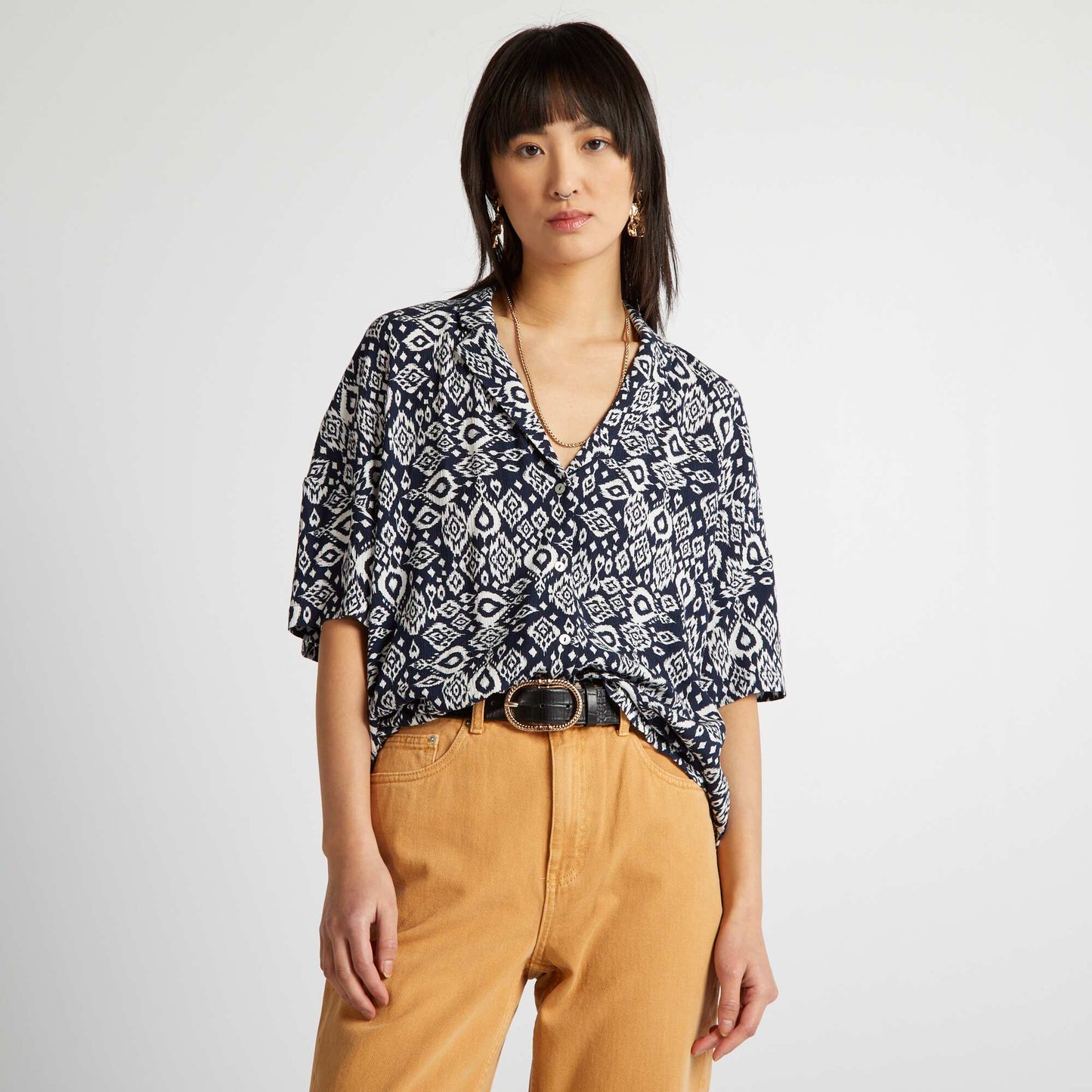 Chemisier manches courtes en maille cr p e Bleu