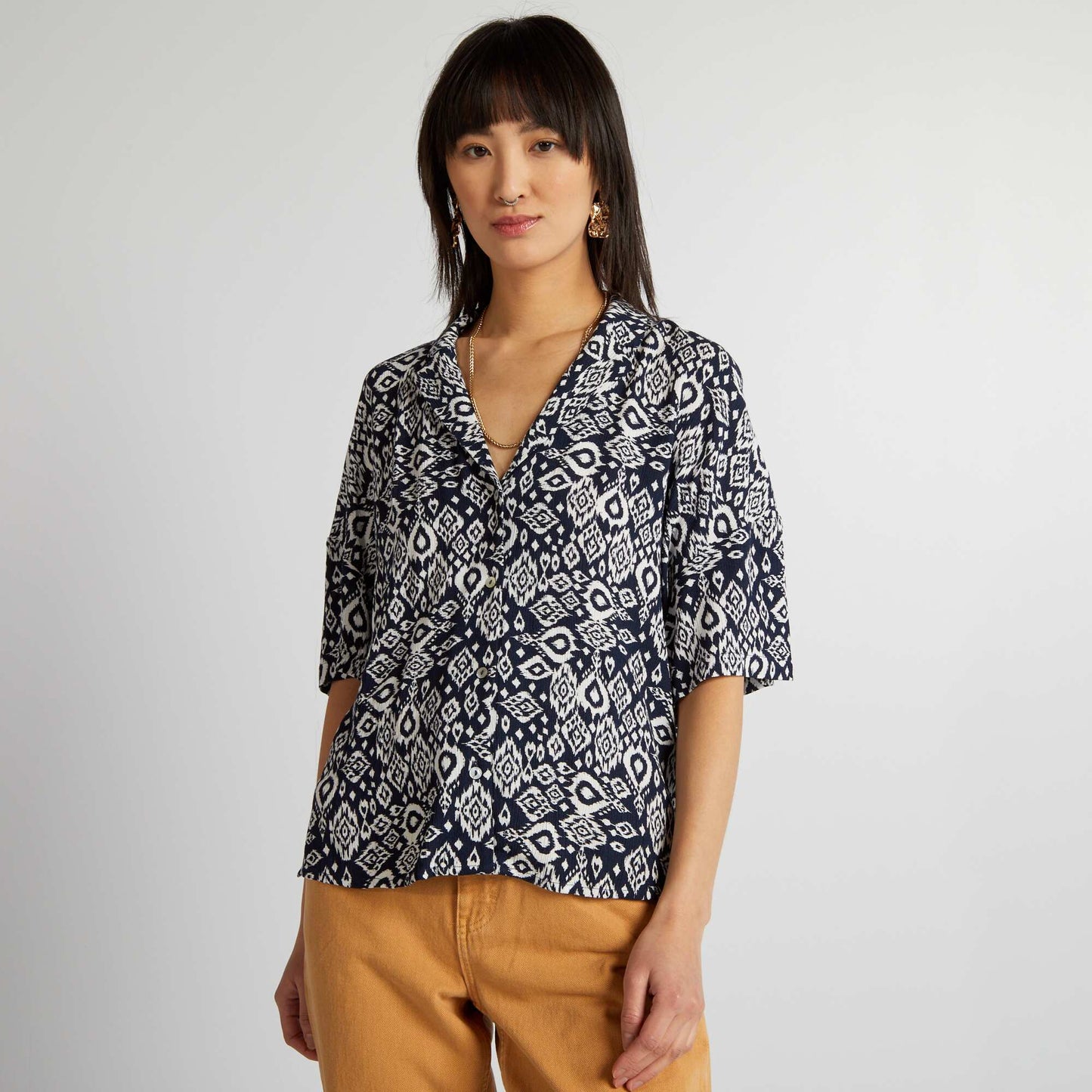 Chemisier manches courtes en maille cr p e Bleu