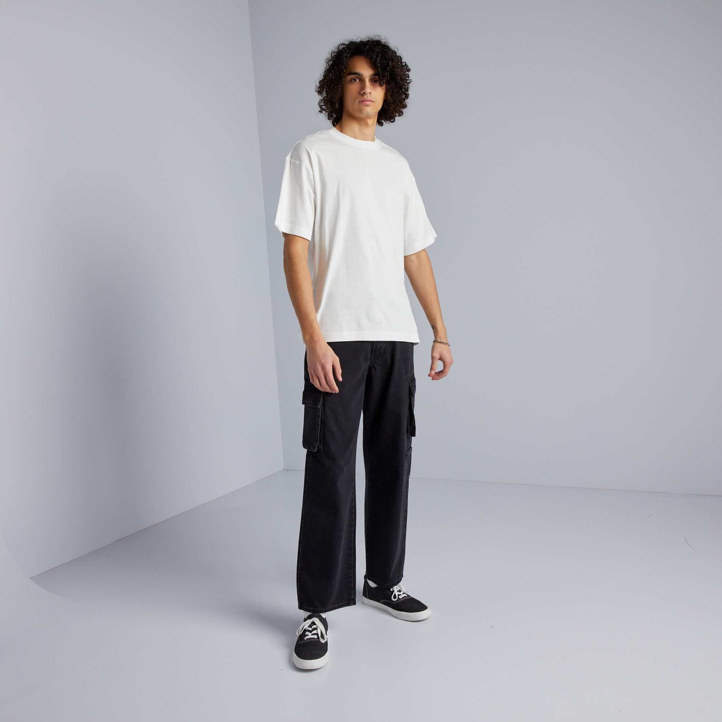 Pantalon denim wide leg poches Gris anthracite