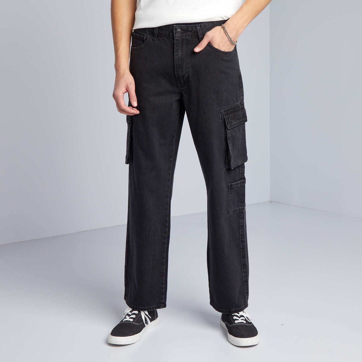 Pantalon denim wide leg poches Gris anthracite
