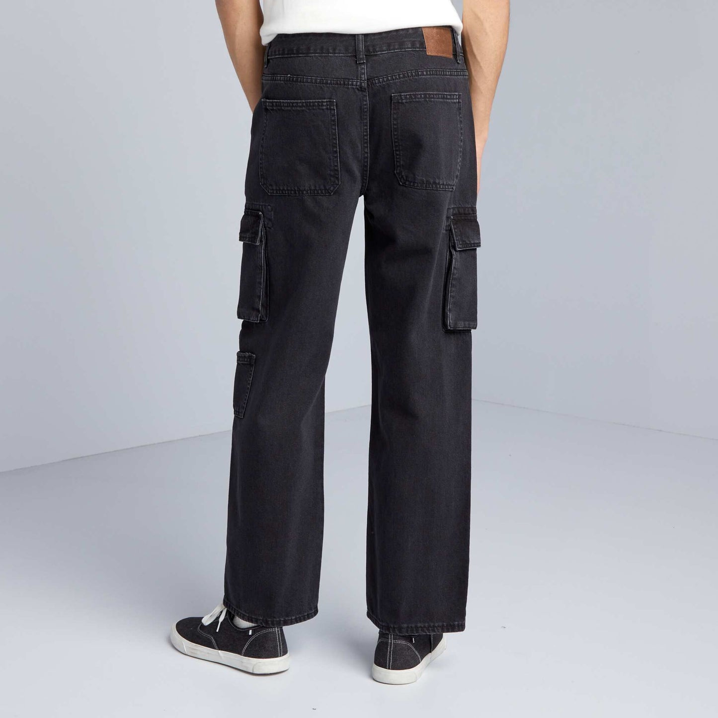 Pantalon denim wide leg poches Gris anthracite