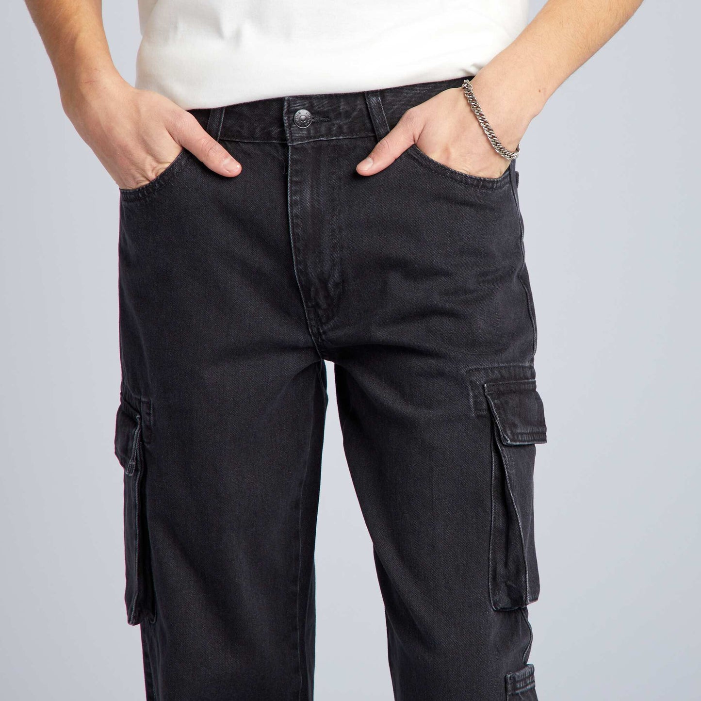 Pantalon denim wide leg poches Gris anthracite