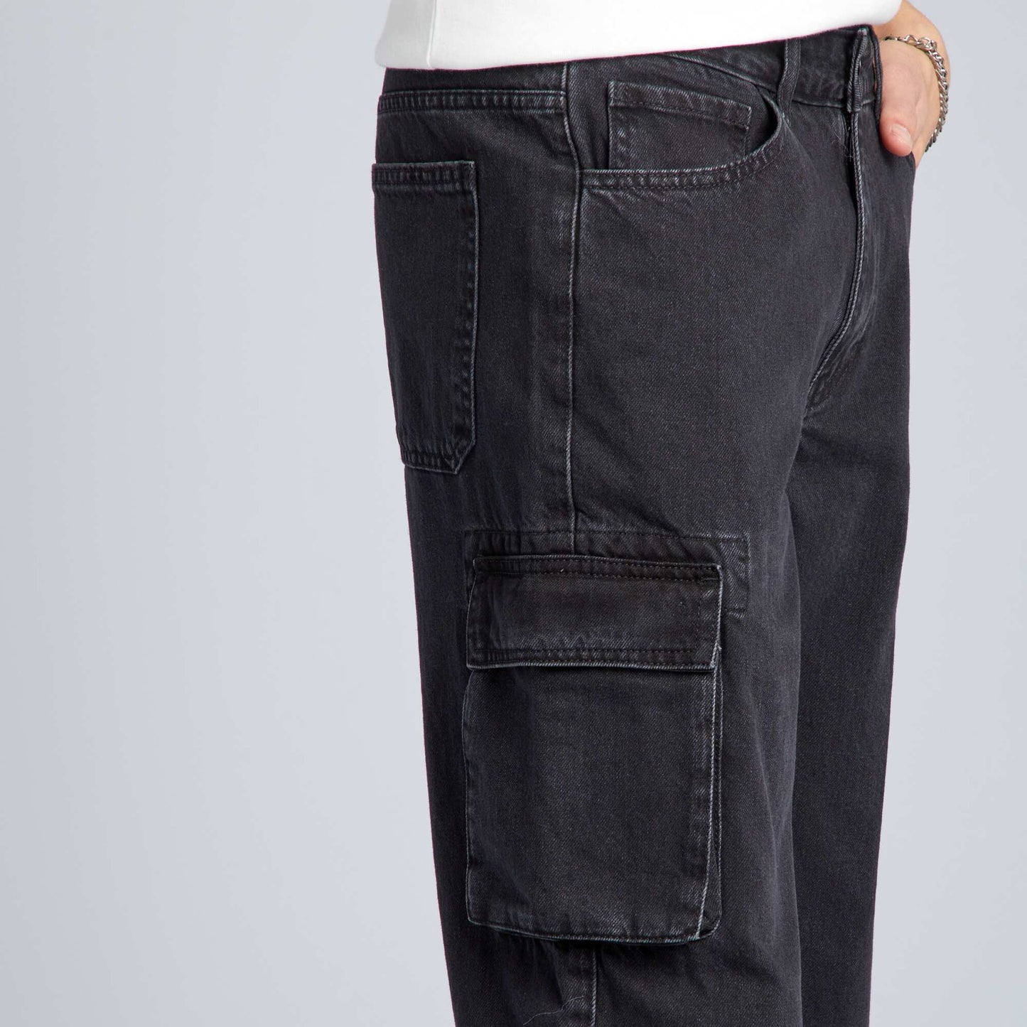 Pantalon denim wide leg poches Gris anthracite