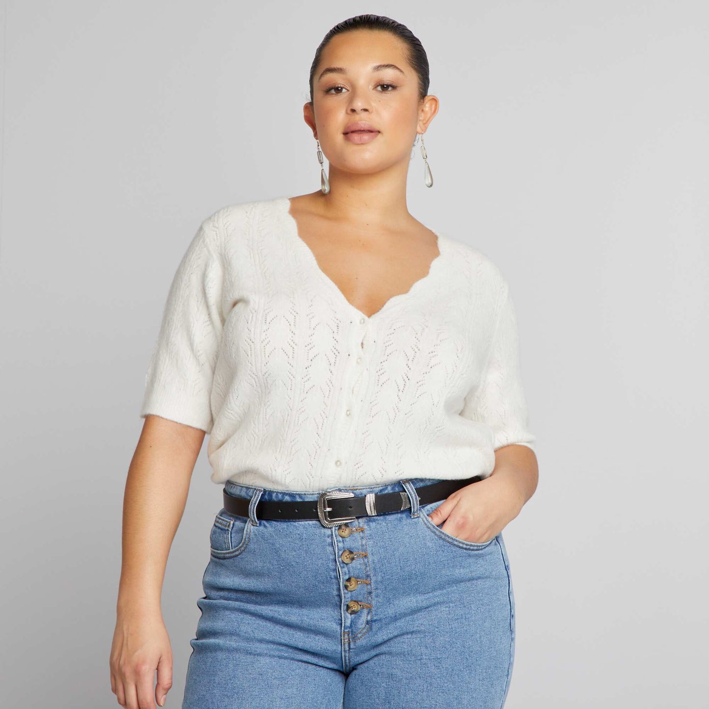 Gilet manches courtes col festonn blanc