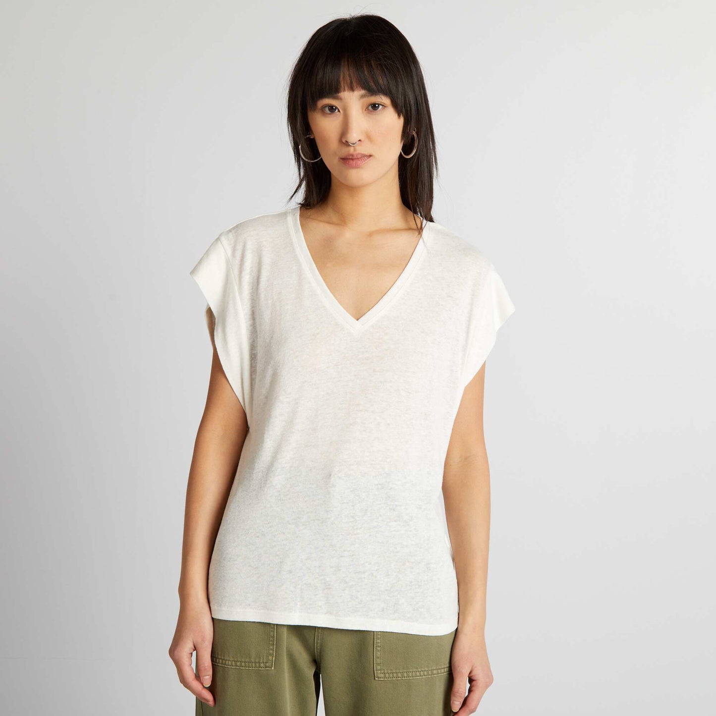 T-shirt manches chauve-souris avec lin blanc