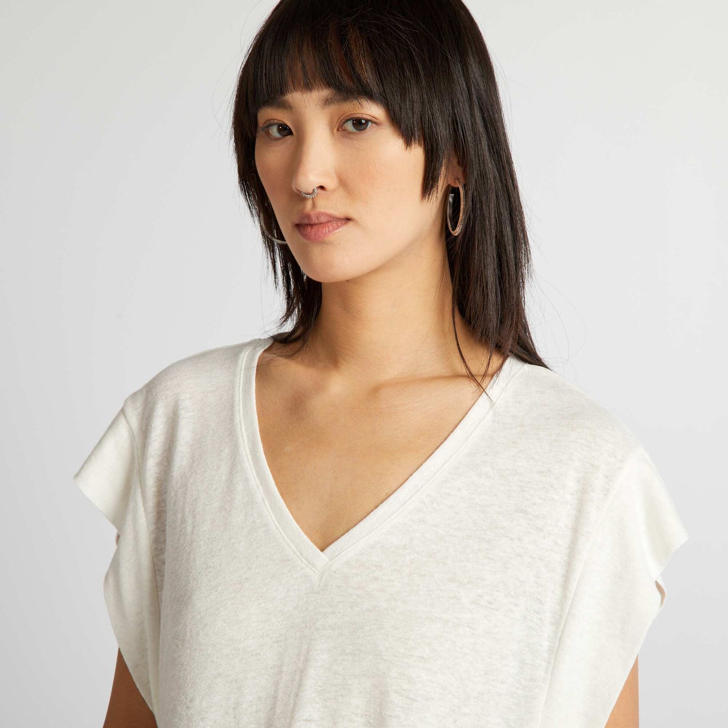 T-shirt manches chauve-souris avec lin blanc