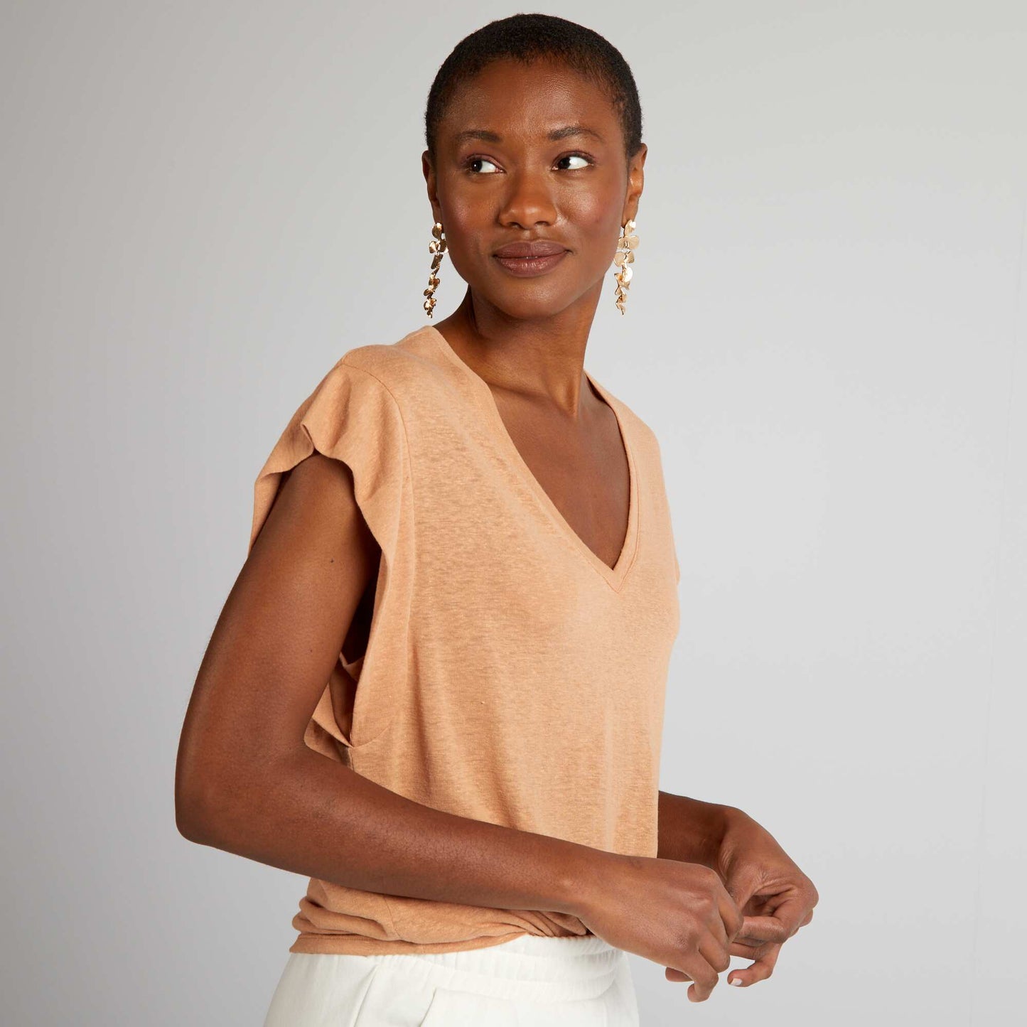 T-shirt manches chauve-souris avec lin Marron