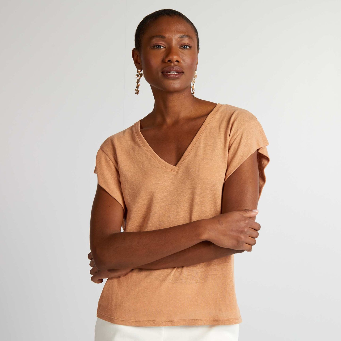 T-shirt manches chauve-souris avec lin Marron