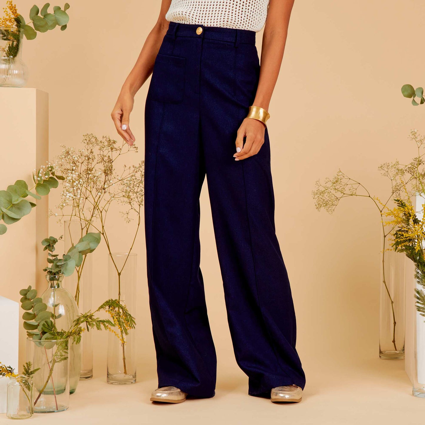 Pantalon droit taille haute Bleu marine