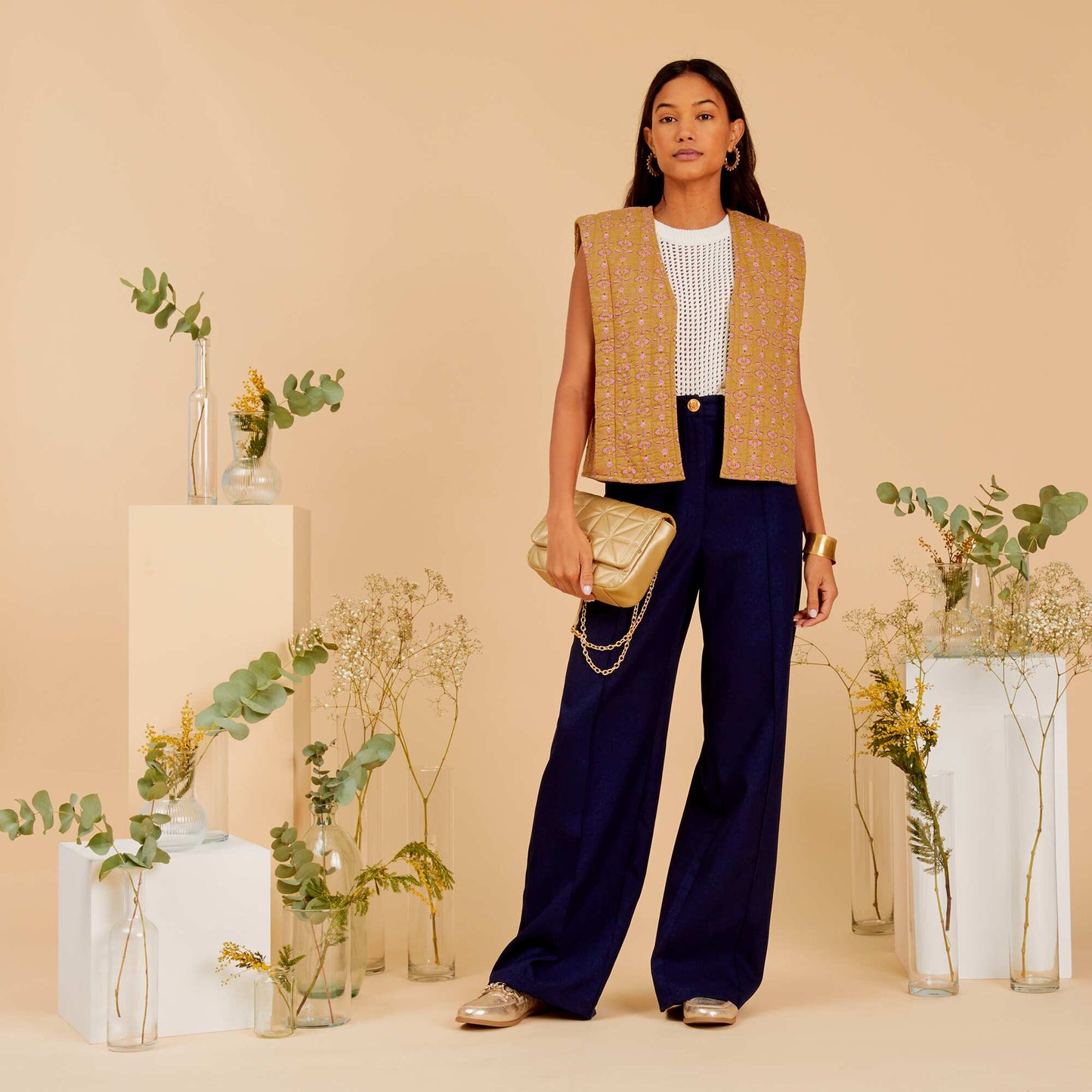 Pantalon droit taille haute Bleu marine