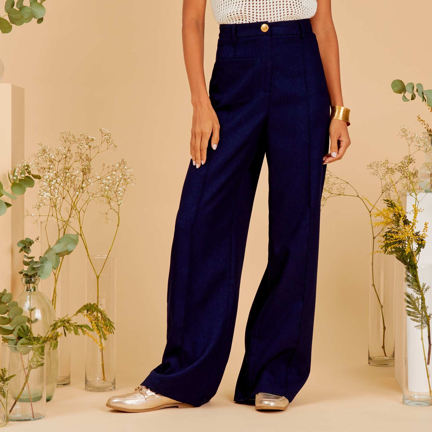 Pantalon droit taille haute Bleu marine
