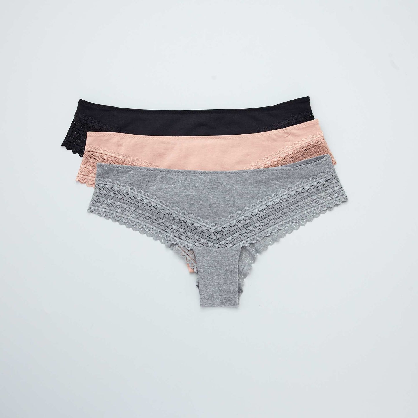 Lot de 3 tangas coton dentelle rose/gris/noir