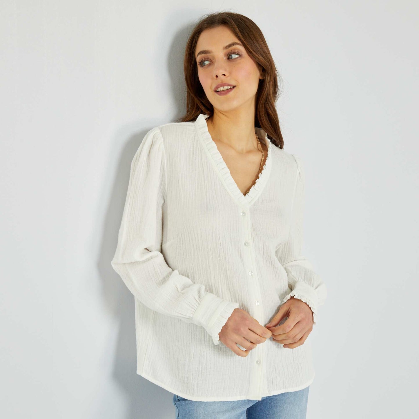 Chemisier en maille gaufr e blanc