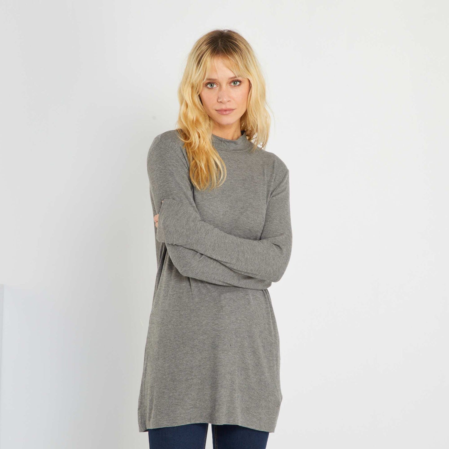 Tee-shirt rib et col chemin e Gris