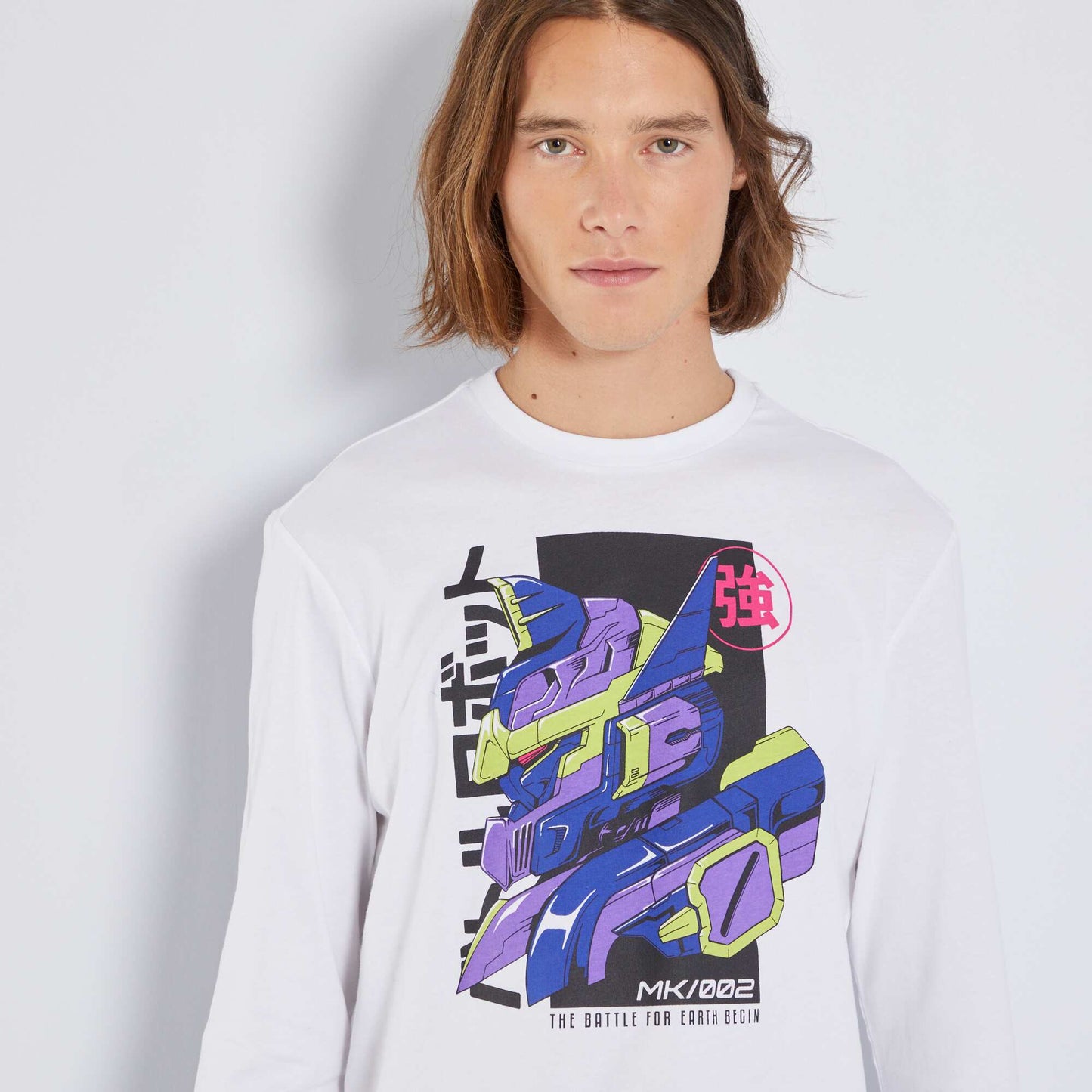 T-shirt en jersey manches longues avec imprim Blanc 'robot'