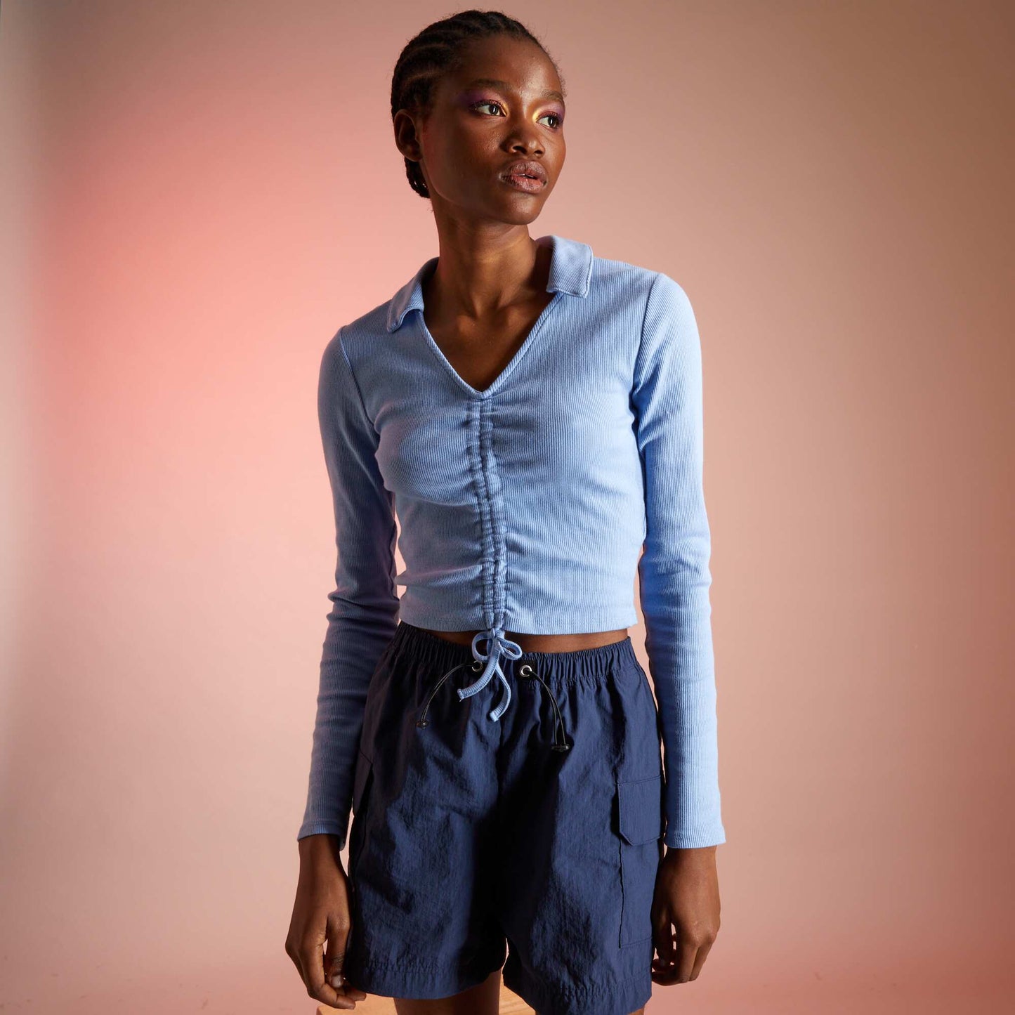 T-shirt col polo en maille c tel e Bleu