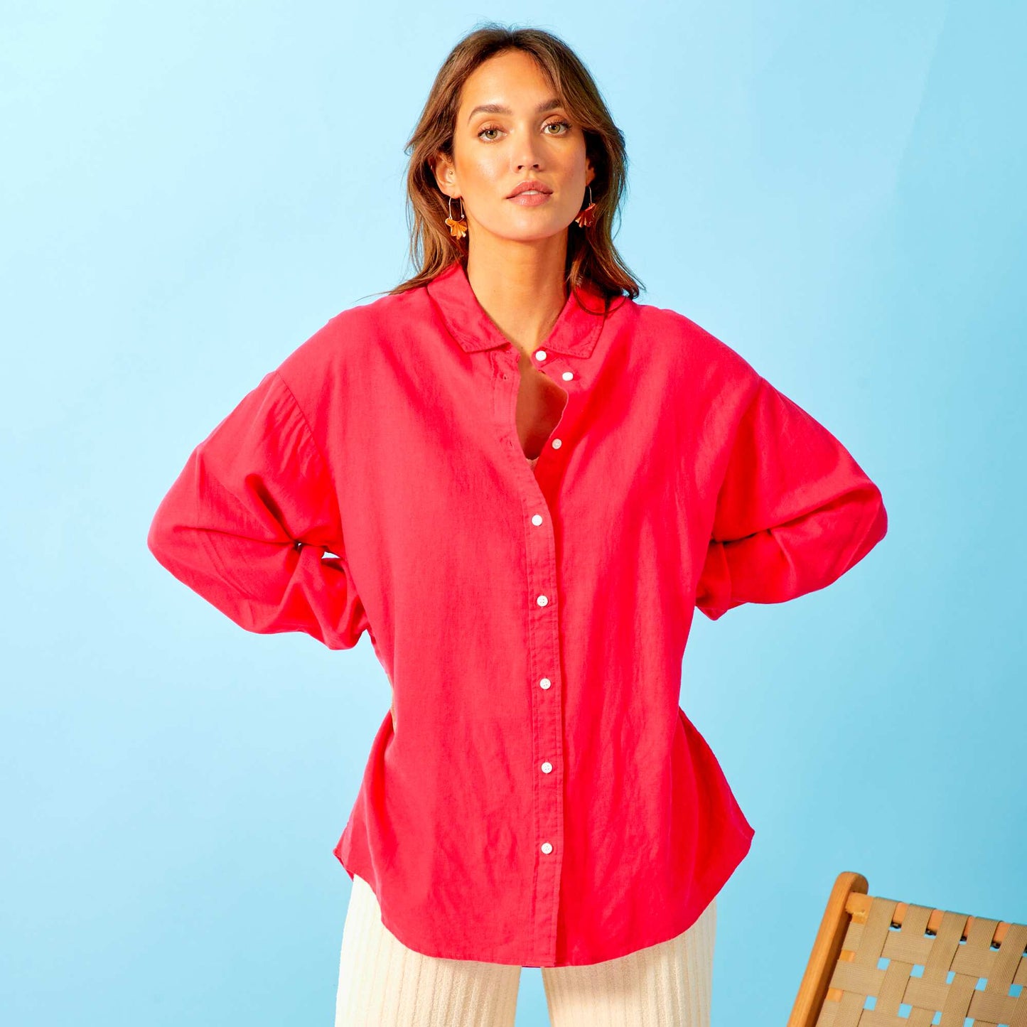 Chemise longue en lin unie Rose