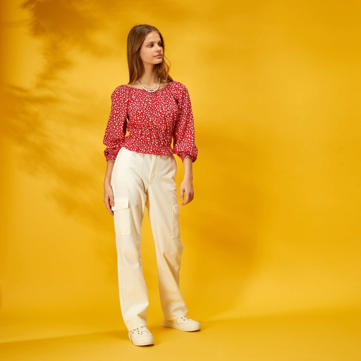 Blouse fleurie encolure bardot Rouge