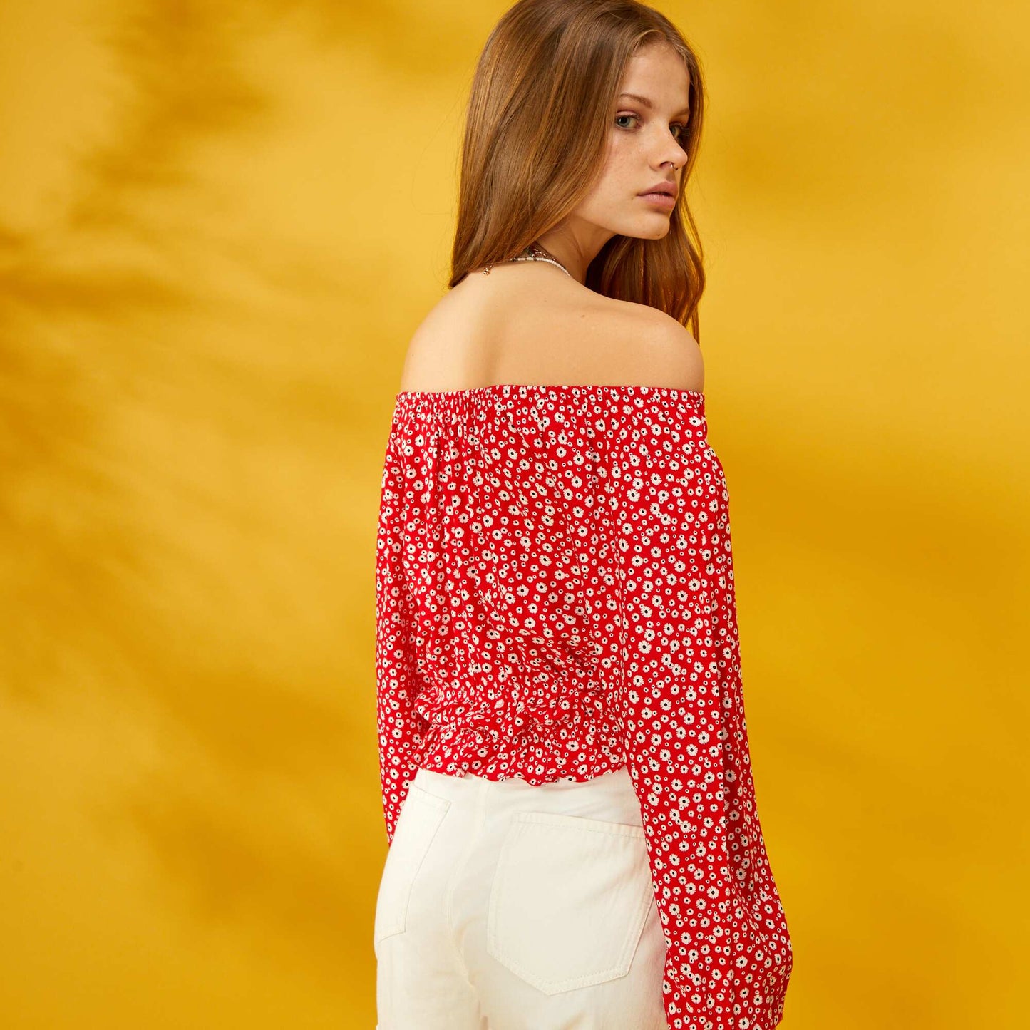 Blouse fleurie encolure bardot Rouge