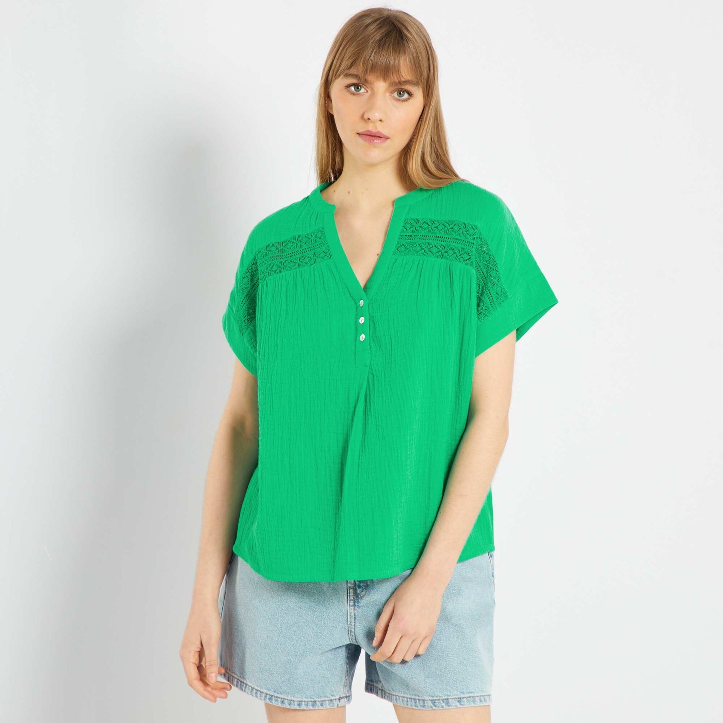 Blouse en gaze de coton avec broderie Vert