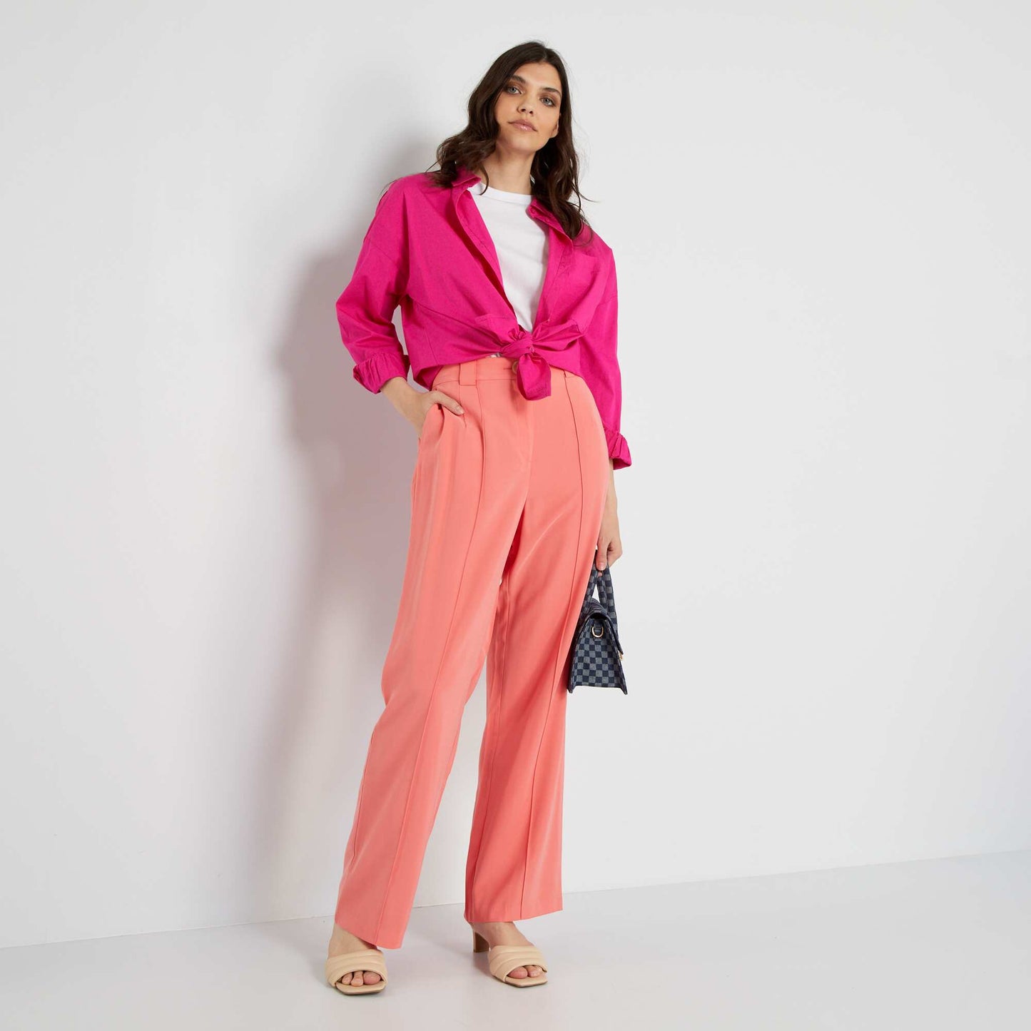 Pantalon large en twill uni rose