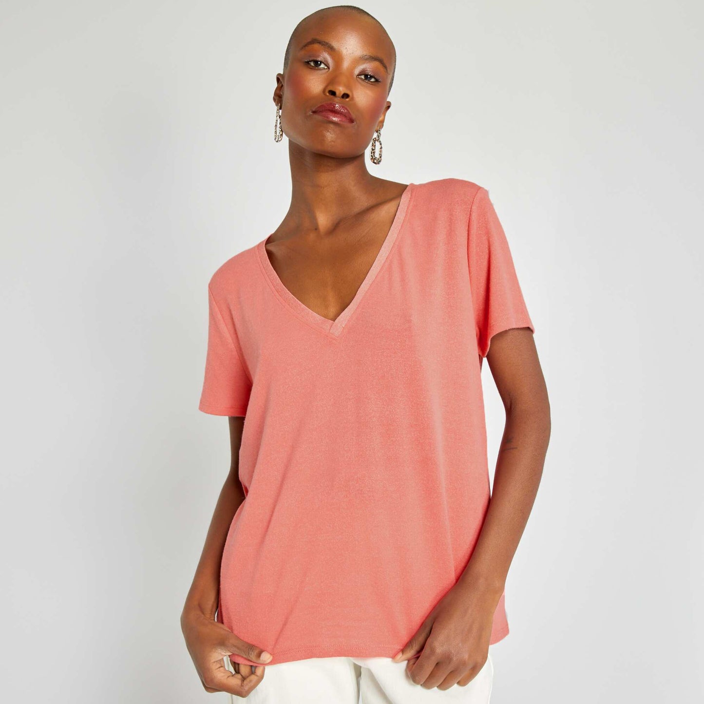 T-shirt fluide encolure V rose